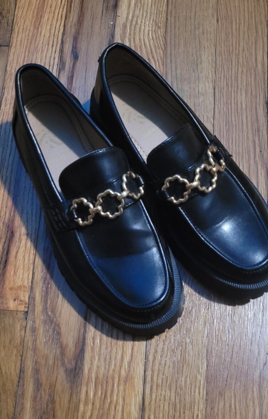 Black Women's Leather Loafers with Gold Chain Accent
